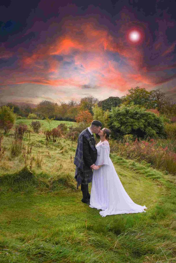 Wedding couple portrait at Harburn Barn