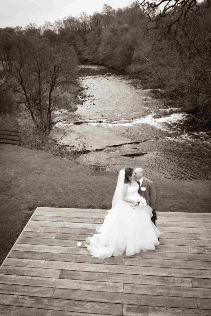 Wedding couple woodland walk Cumbria